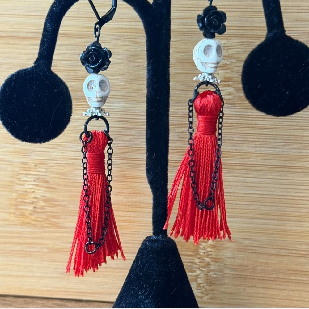 Red Tassel Skull Earrings